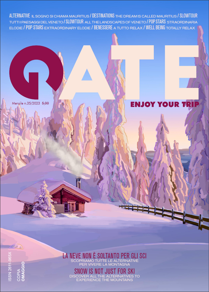 Gate magazine no. 35 cover illustrated by Sakina Zeghloul: a secluded chalet nestled in the heart of the mountains, bathed in pink hues, 2024